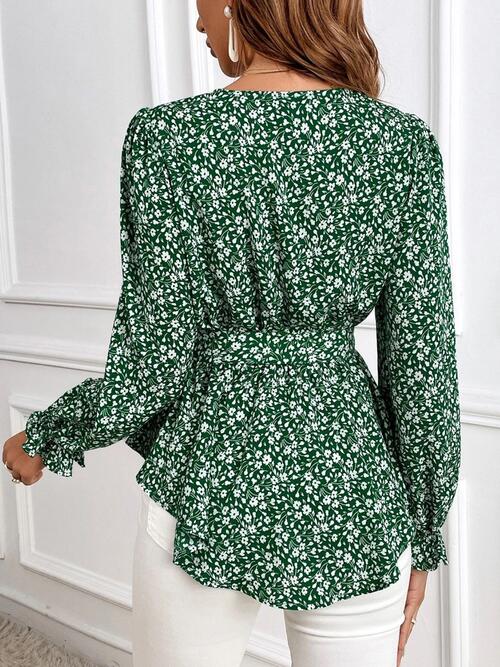 Printed V-Neck Tie Front Flounce Sleeve Blouse - Guy Christopher