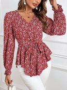 Printed V-Neck Tie Front Flounce Sleeve Blouse - Guy Christopher