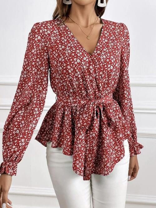 Printed V-Neck Tie Front Flounce Sleeve Blouse - Guy Christopher