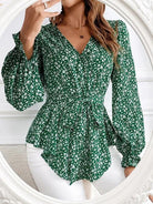 Printed V-Neck Tie Front Flounce Sleeve Blouse - Guy Christopher