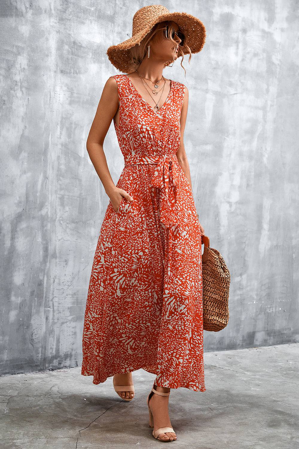 Printed V-Neck Tie Waist Maxi Dress - Guy Christopher