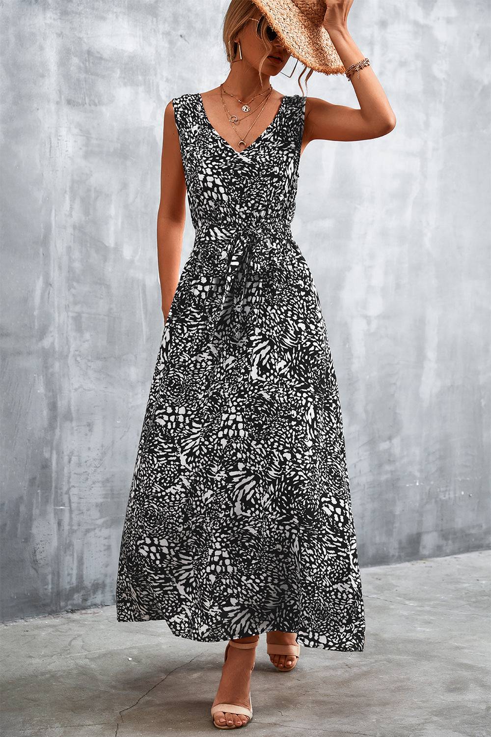 Printed V-Neck Tie Waist Maxi Dress - Guy Christopher