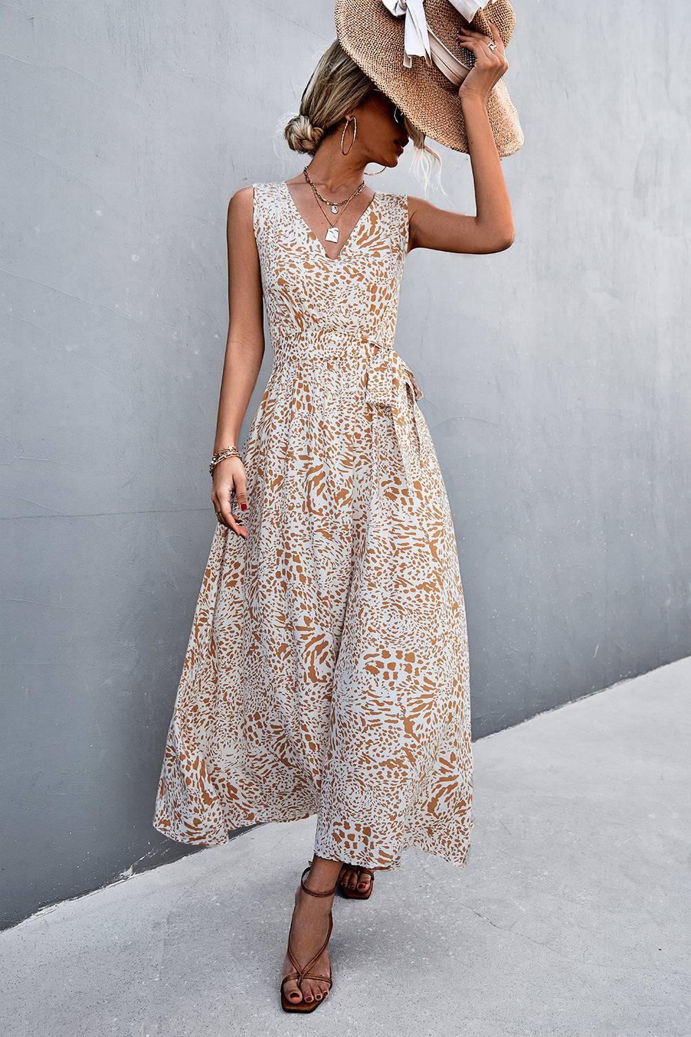 Printed V-Neck Tie Waist Maxi Dress - Guy Christopher