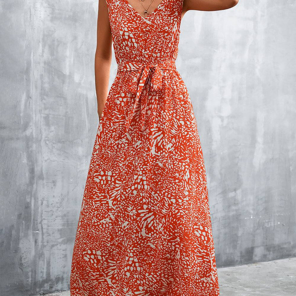 Printed V-Neck Tie Waist Maxi Dress - Guy Christopher