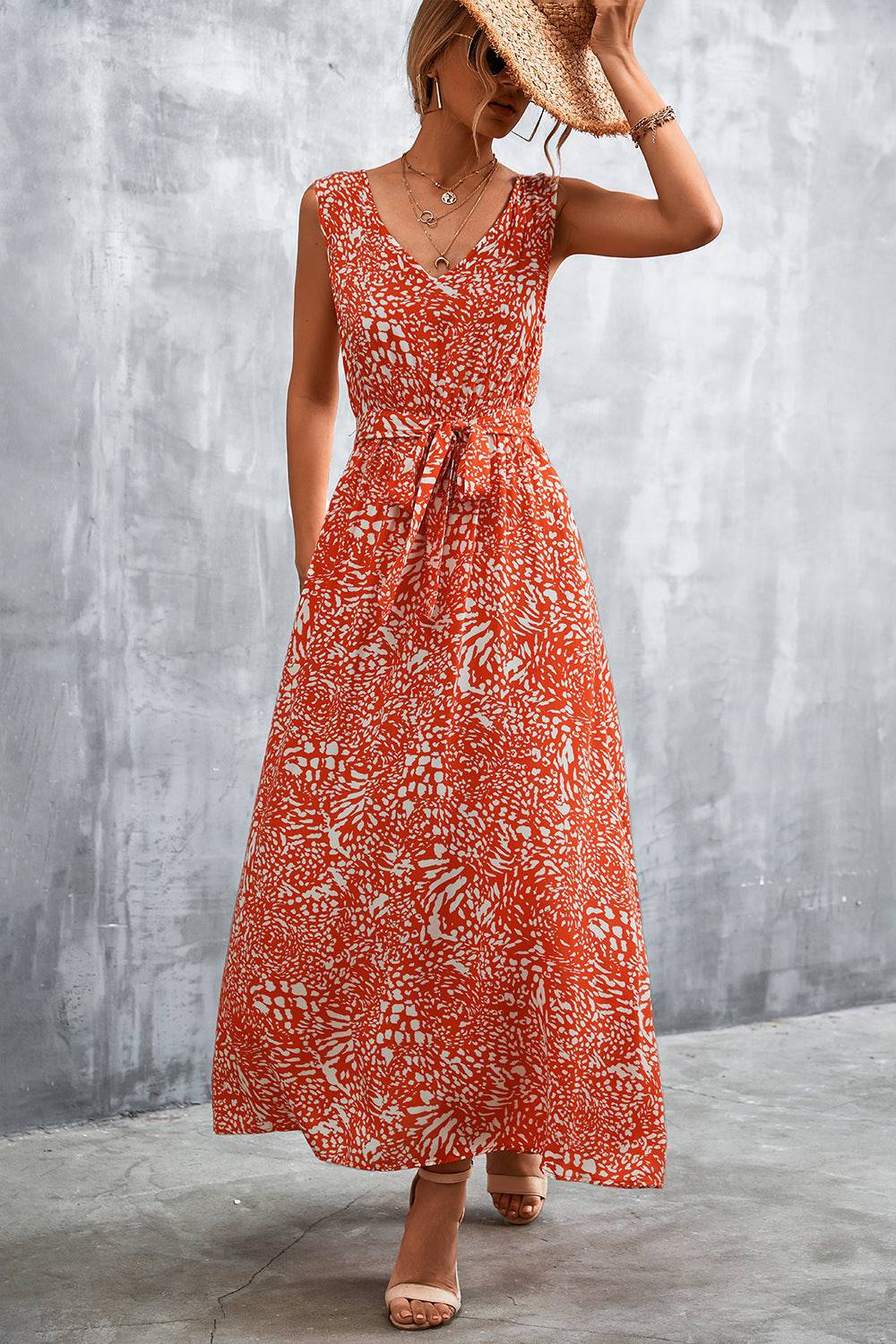 Printed V-Neck Tie Waist Maxi Dress - Guy Christopher