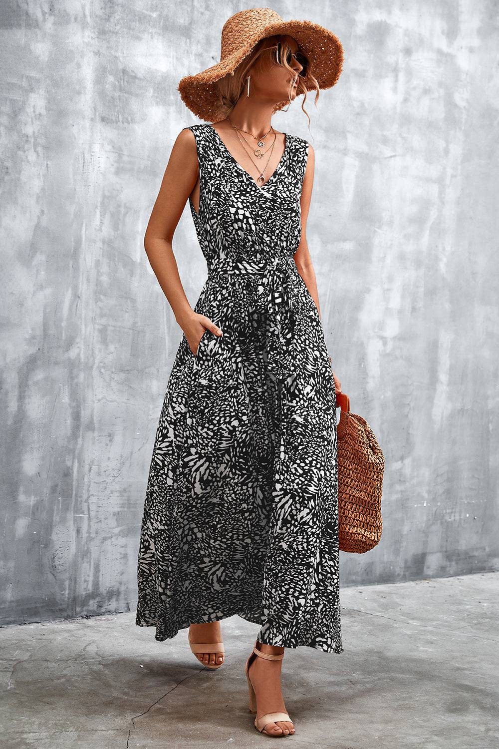 Printed V-Neck Tie Waist Maxi Dress - Guy Christopher