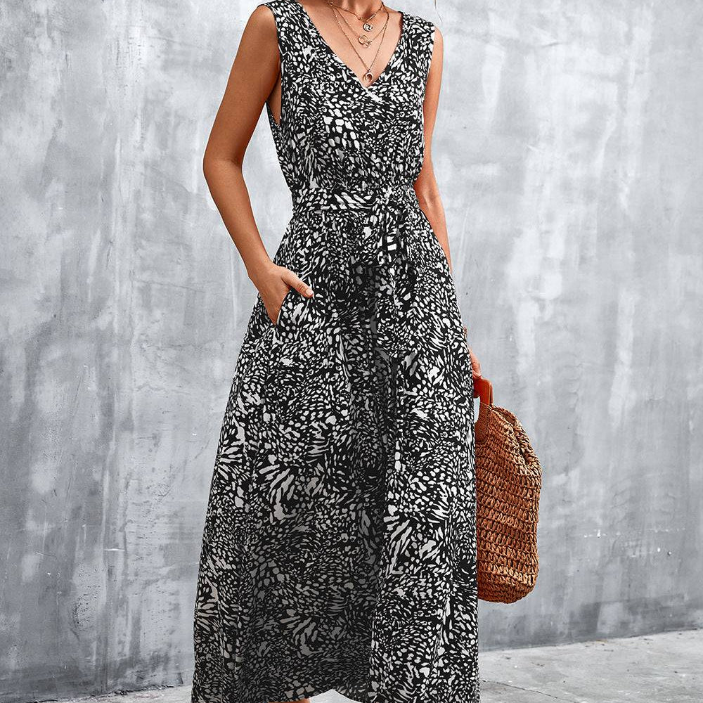 Printed V-Neck Tie Waist Maxi Dress - Guy Christopher