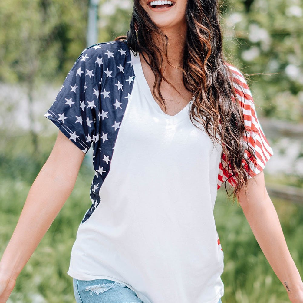 Proudly display your love for the land of the free with our US Flag V-Neck Tee Shirt - Let Your Heart Beat with Patriotism - Feel Elegant and Comfortable in a Classic Design That Honors America's Brave Heroes. - Guy Christopher