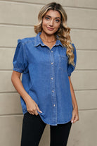 Puff Sleeve Collared Denim Top - Guy Christopher