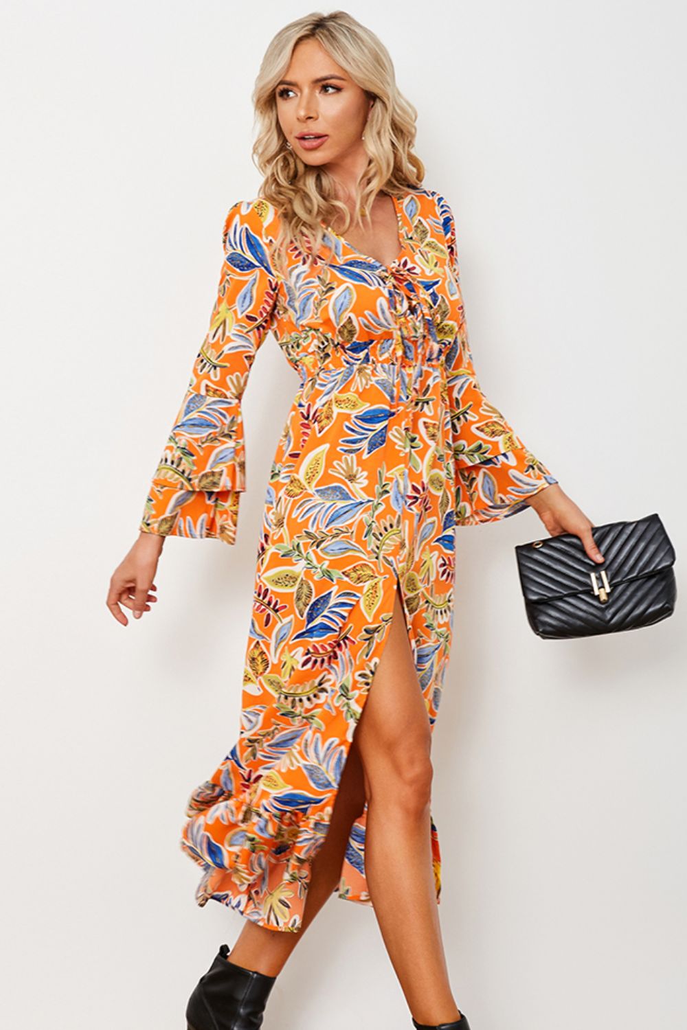 Queen of Hearts Printed Layered Flare Sleeve Split Tied Dress - Embrace your inner majesty with this regal masterpiece - Feel like royalty in every step - Guy Christopher