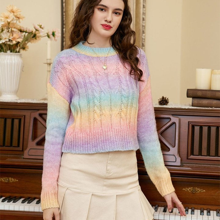 Rainbow Color Cable-Knit Dropped Shoulder Knit Top - Guy Christopher