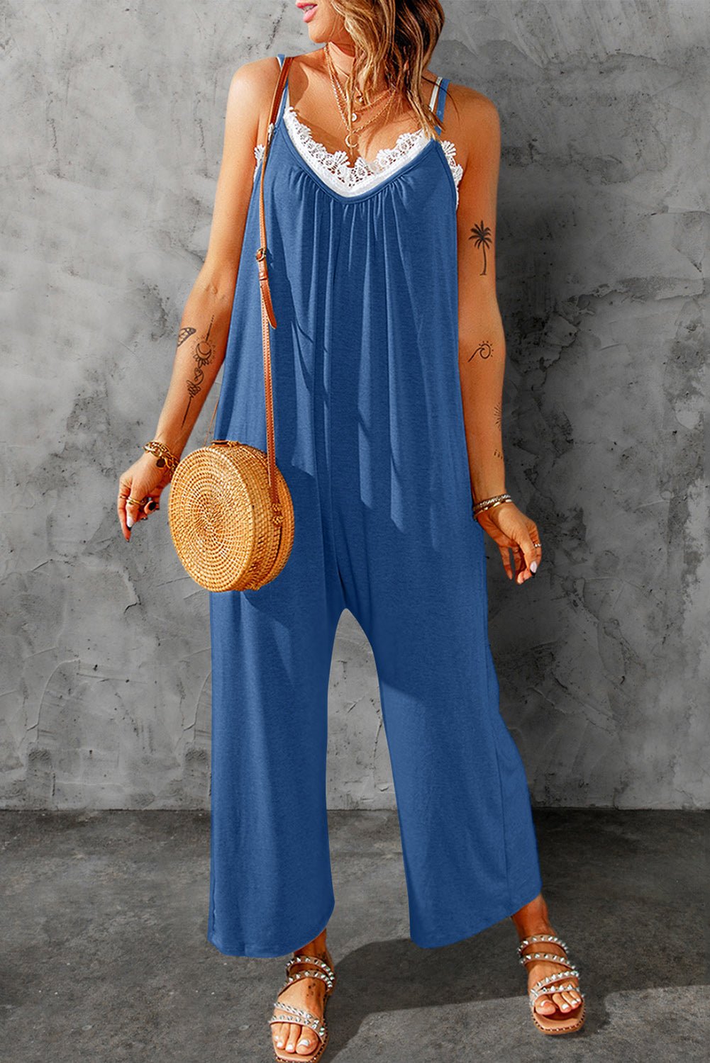 Reign Supreme with Our Full Size Spaghetti Strap Wide Leg Jumpsuit - Float on a Cloud of Comfort and Grace - Indulge in Unrestricted Elegance - Guy Christopher