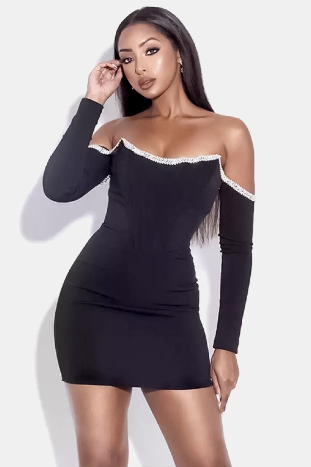 Rhinestone Trim Off-Shoulder Bandage Dress - Guy Christopher