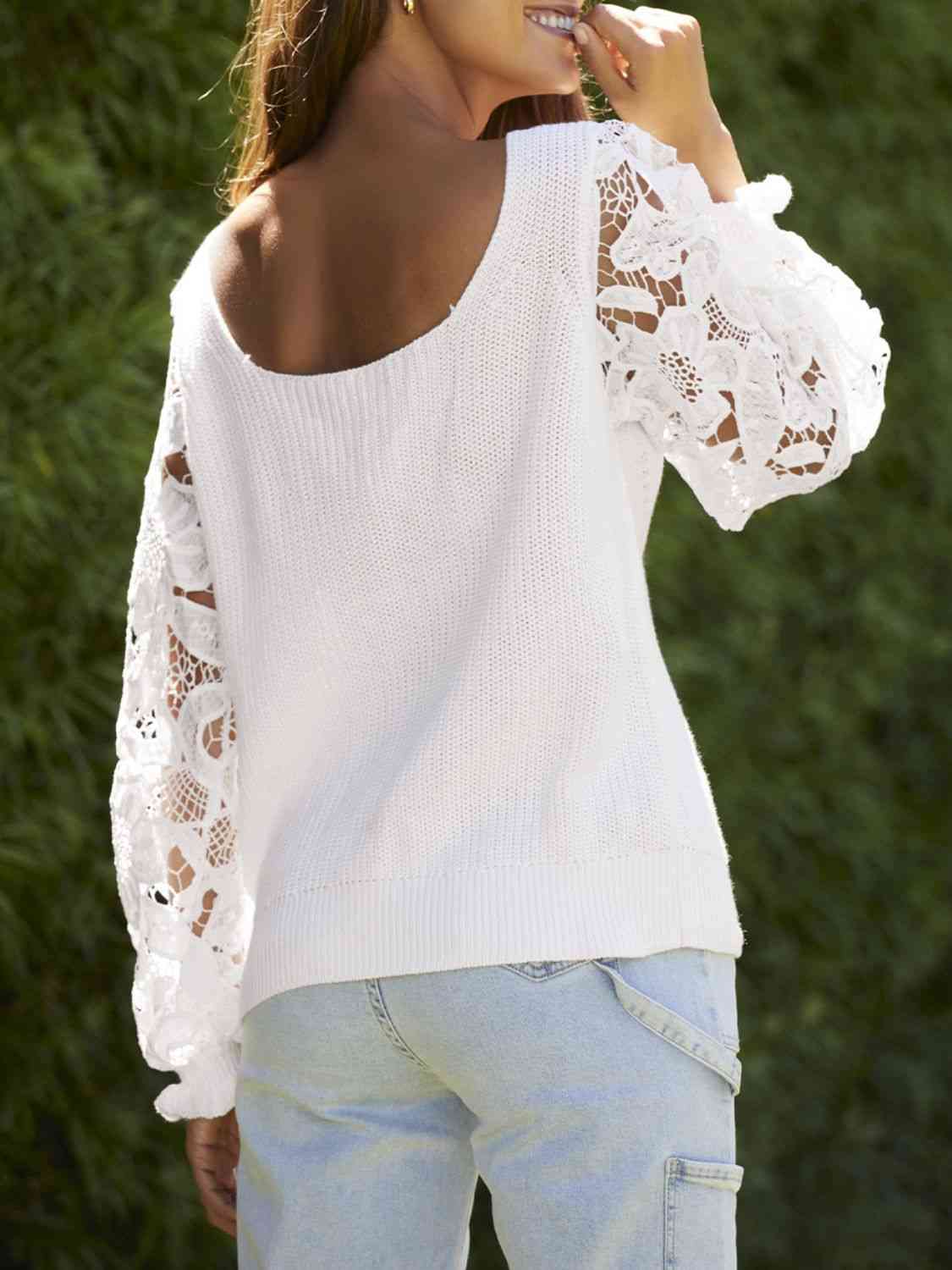 Ribbed Lace Trim Flounce Sleeve Knit Top - Guy Christopher