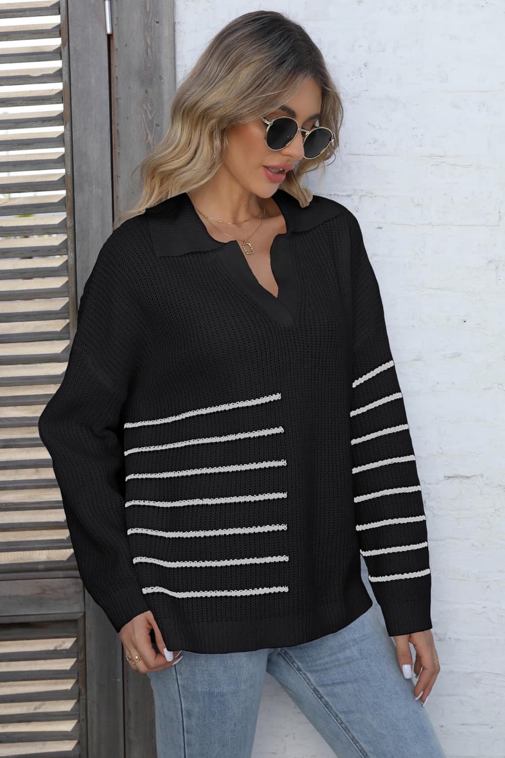 Ribbed Notched Neck Striped Long Sleeve Sweater - Guy Christopher