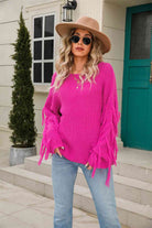 Ribbed Round Neck Fringe Detail Sweater - Guy Christopher