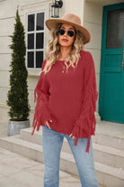 Ribbed Round Neck Fringe Detail Sweater - Guy Christopher