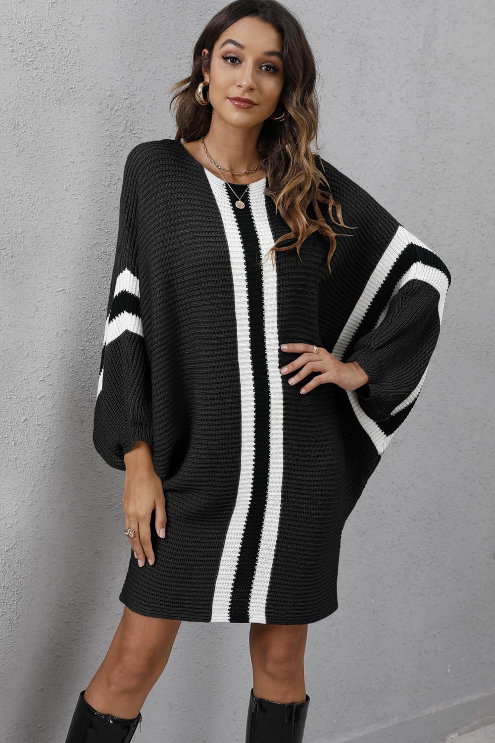 Ribbed Round Neck Long Sleeve Sweater Dress - Guy Christopher