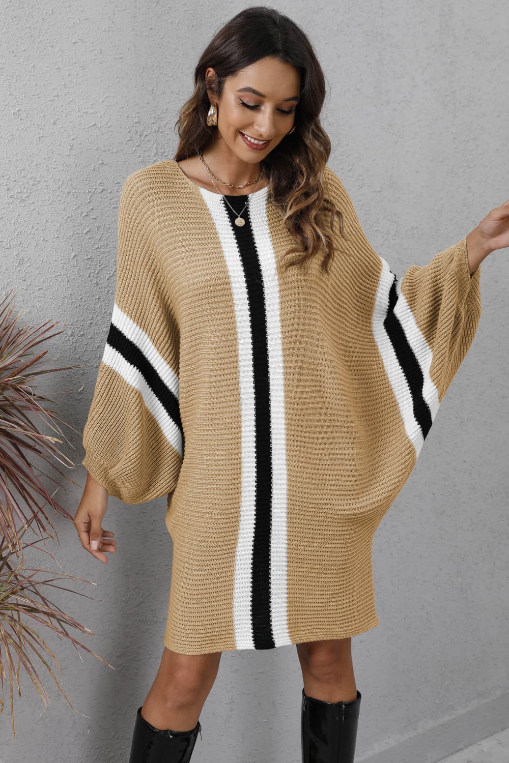 Ribbed Round Neck Long Sleeve Sweater Dress - Guy Christopher