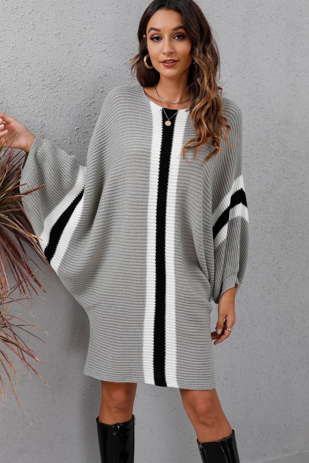 Ribbed Round Neck Long Sleeve Sweater Dress - Guy Christopher