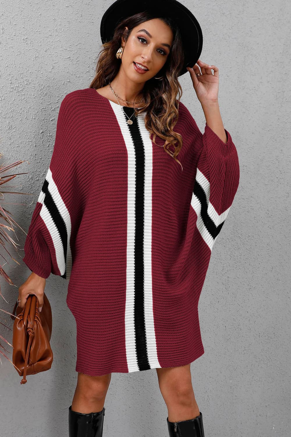 Ribbed Round Neck Long Sleeve Sweater Dress - Guy Christopher