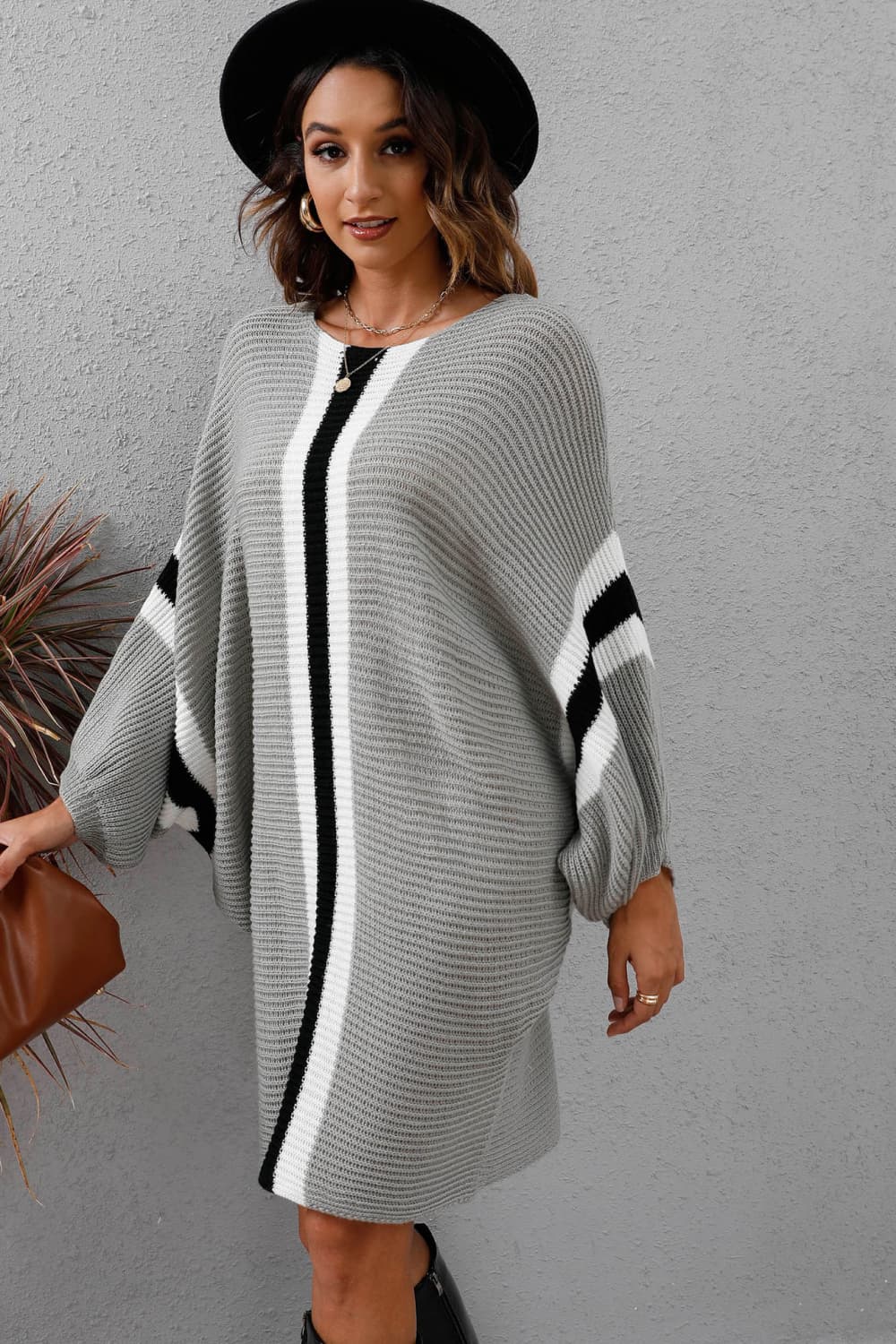 Ribbed Round Neck Long Sleeve Sweater Dress - Guy Christopher