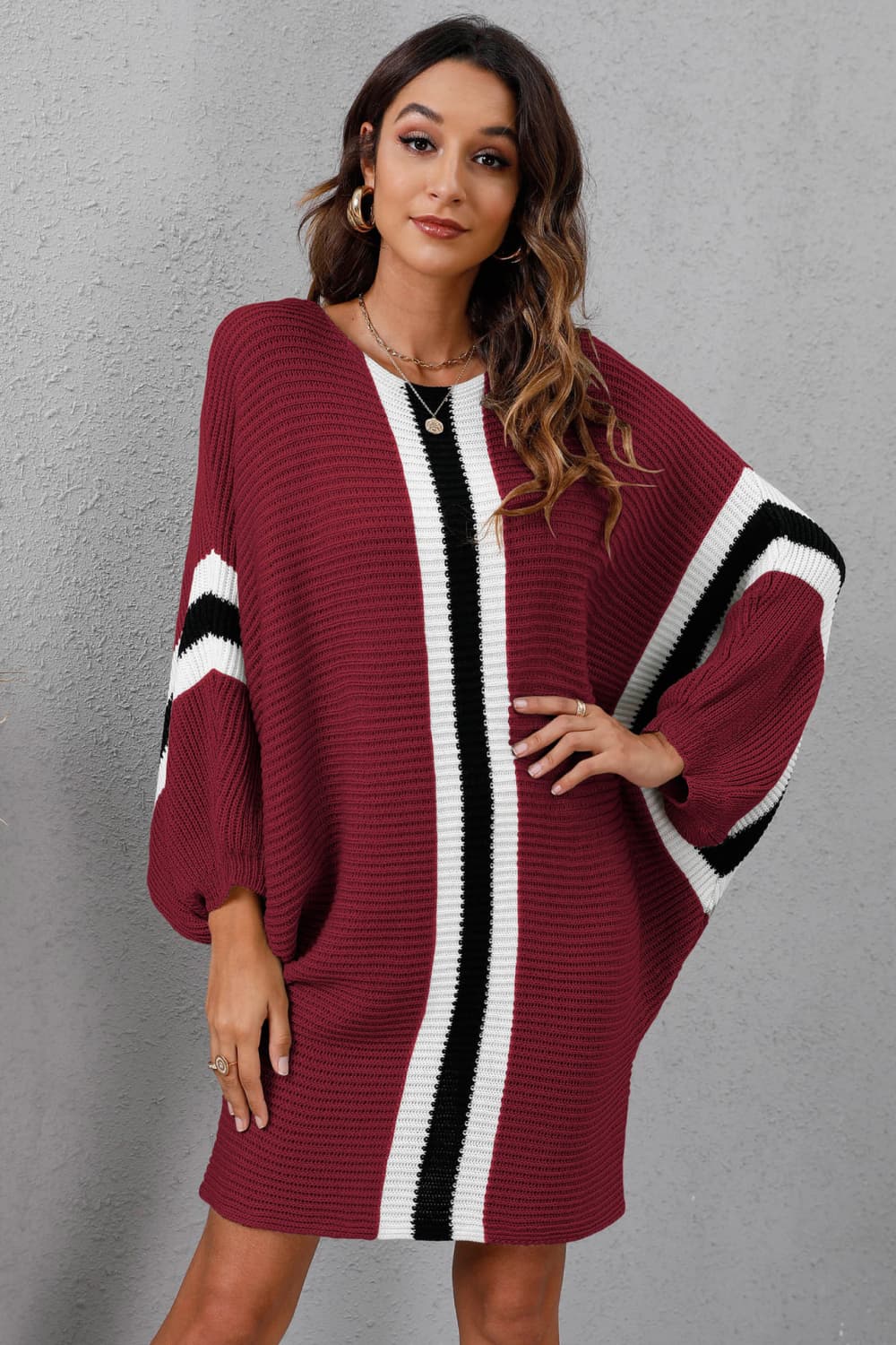 Ribbed Round Neck Long Sleeve Sweater Dress - Guy Christopher