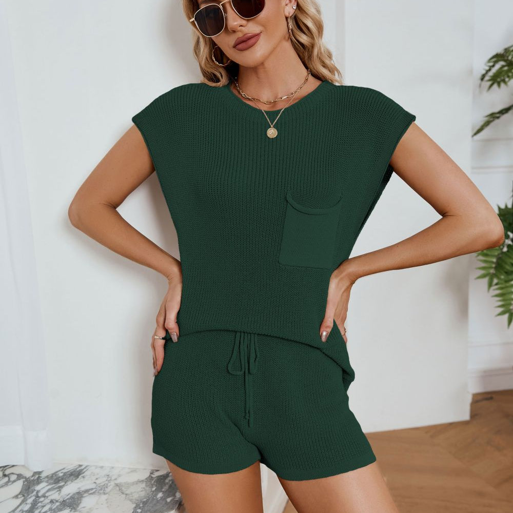 Ribbed Round Neck Pocket Knit Top and Shorts Set - Guy Christopher