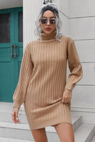 Ribbed Turtle Neck Long Sleeve Mini Sweater Dress - Guy Christopher