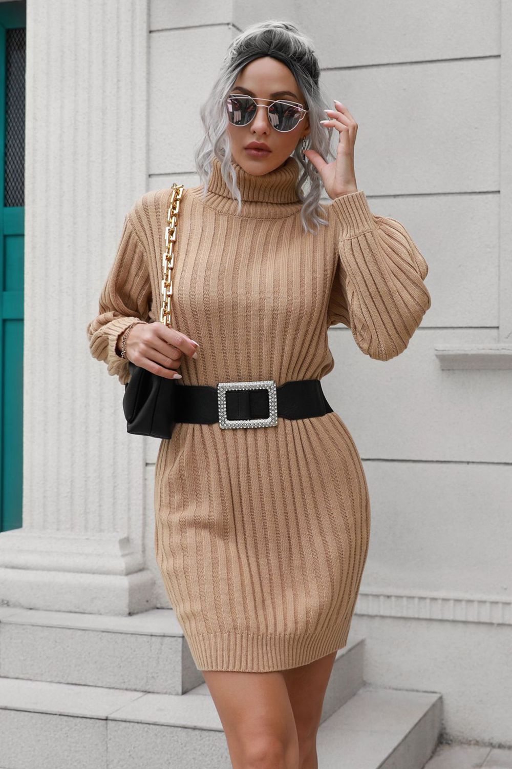 Ribbed Turtle Neck Long Sleeve Mini Sweater Dress - Guy Christopher