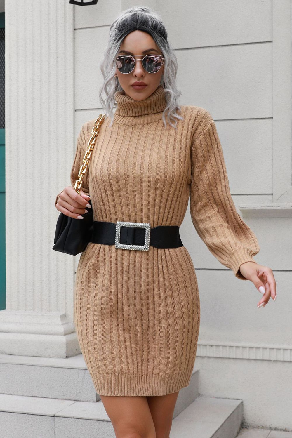 Ribbed Turtle Neck Long Sleeve Mini Sweater Dress - Guy Christopher