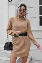 Ribbed Turtle Neck Long Sleeve Mini Sweater Dress - Guy Christopher