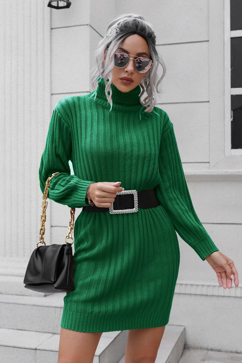 Ribbed Turtle Neck Long Sleeve Mini Sweater Dress - Guy Christopher