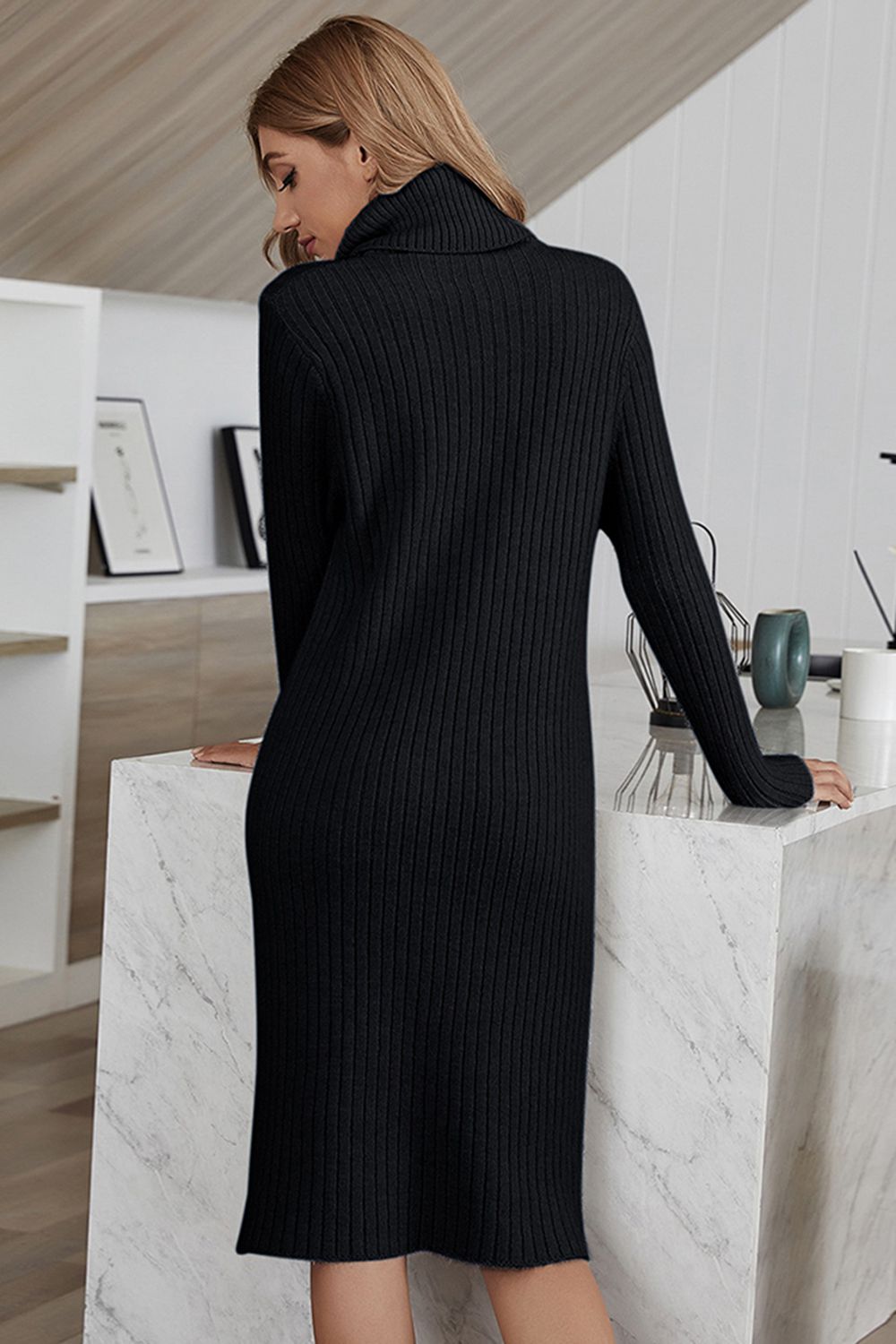 Ribbed Turtle Neck Long Sleeve Sweater Dress - Guy Christopher