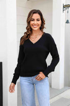 Ribbed V-Neck Dropped Shoulder Knit Top - Guy Christopher