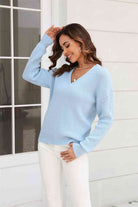 Ribbed V-Neck Dropped Shoulder Knit Top - Guy Christopher