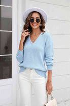 Ribbed V-Neck Dropped Shoulder Knit Top - Guy Christopher