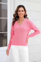 Ribbed V-Neck Dropped Shoulder Knit Top - Guy Christopher