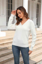 Ribbed V-Neck Dropped Shoulder Knit Top - Guy Christopher