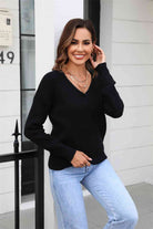 Ribbed V-Neck Dropped Shoulder Knit Top - Guy Christopher