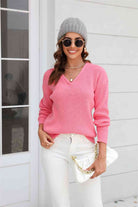 Ribbed V-Neck Dropped Shoulder Knit Top - Guy Christopher