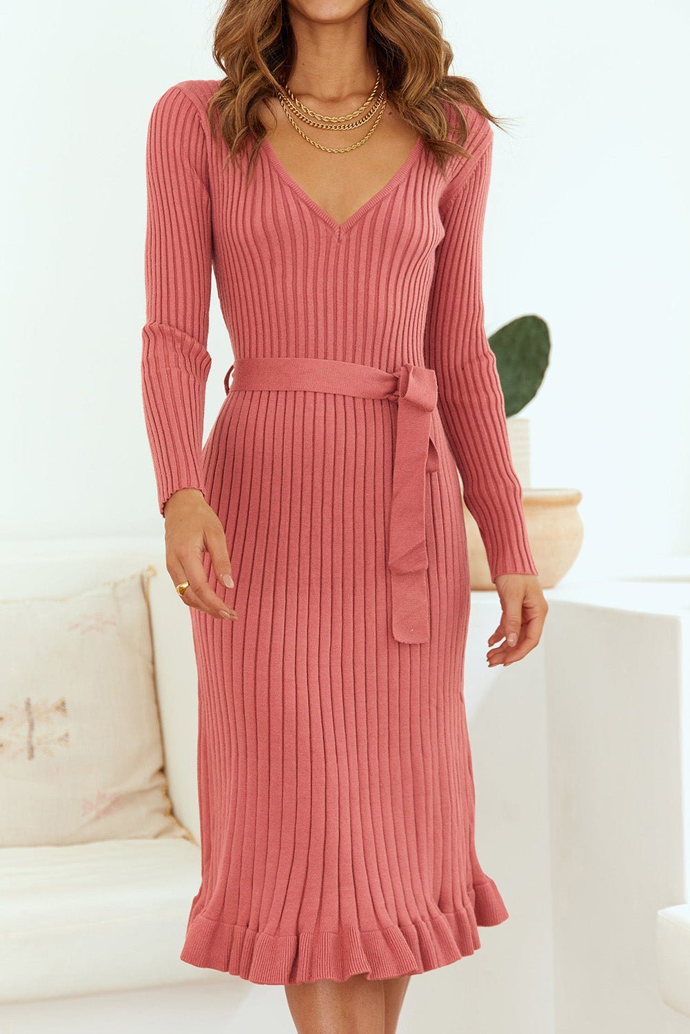 Ribbed V-Neck Tie Waist Pencil Dress - Guy Christopher