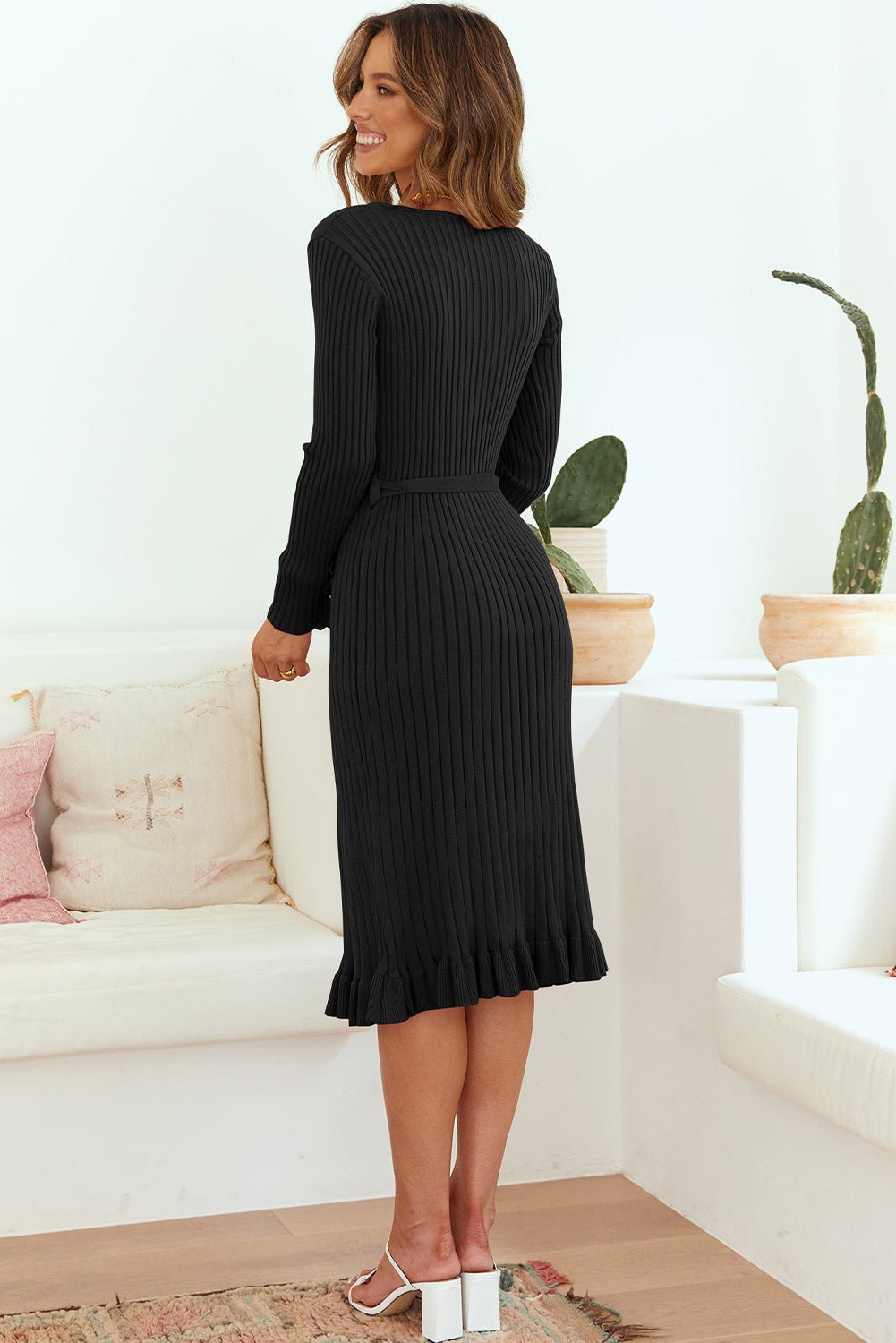 Ribbed V-Neck Tie Waist Pencil Dress - Guy Christopher