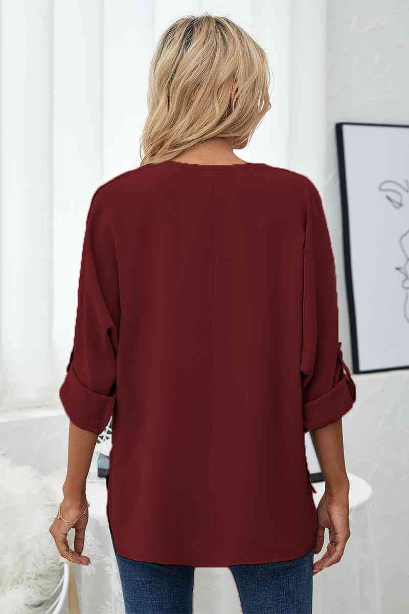 Roll-Tab Sleeve V-Neck Blouse - Guy Christopher