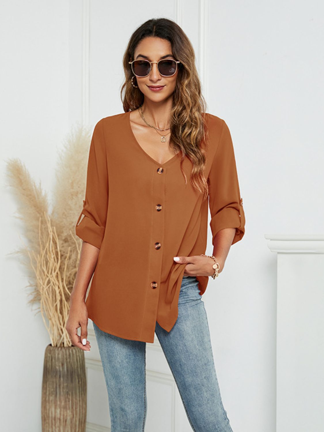 Roll-Tap Long Sleeve V-Neck Buttoned Blouse - Guy Christopher