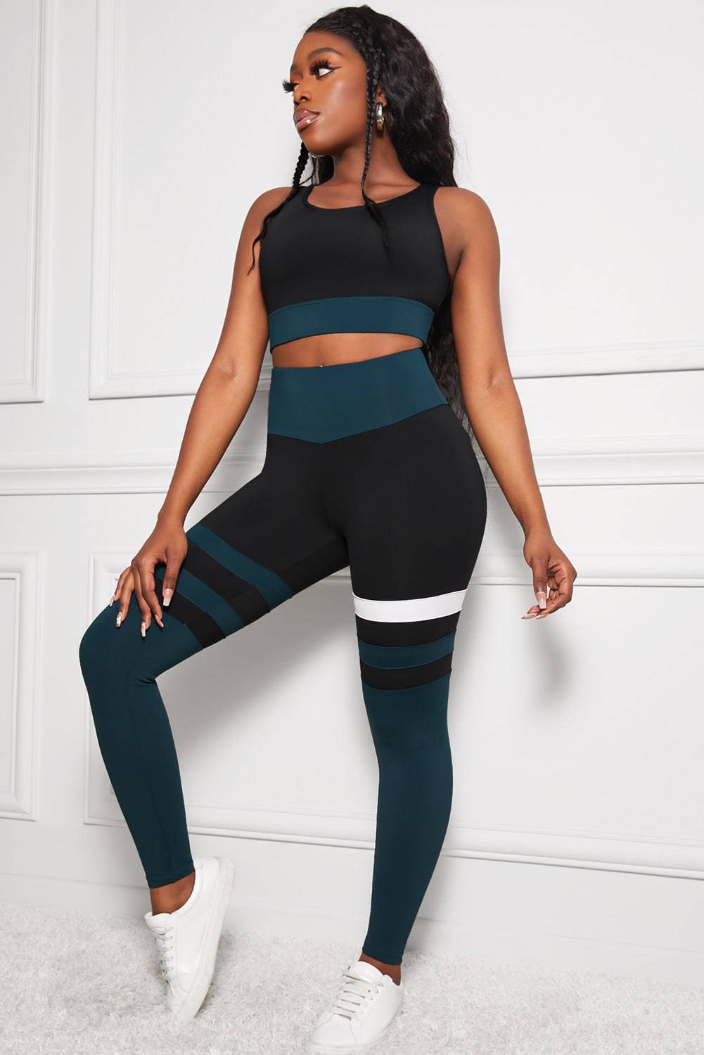 Romance in Motion - Embrace your beauty with our Striped Sports Bra and High Waisted Yoga Leggings Set - Elegant V-neckline, luscious blend of polyester and spandex, and high waisted leggings that hug curves for a smooth, flattering fit. - Guy Christopher