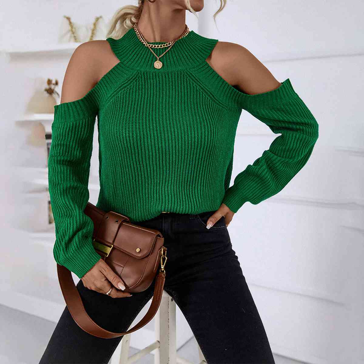 Round Neck Cold-Shoulder Sweater - Guy Christopher