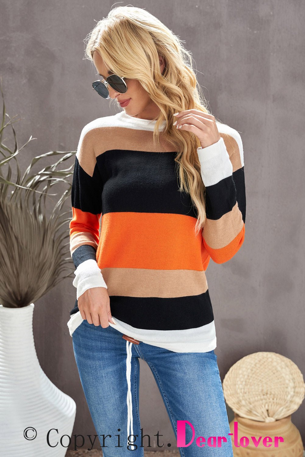 Round Neck Color Block Dropped Shoulder Knit Top - Guy Christopher