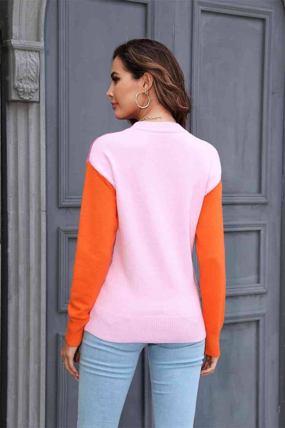 Round Neck Contrast Color Dropped Shoulder Sweater - Guy Christopher