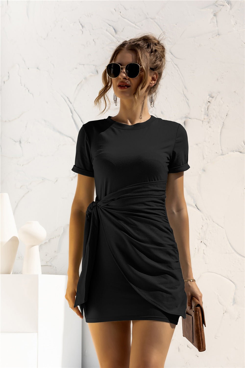 Round Neck Cuffed Sleeve Side Tie Dress - Guy Christopher